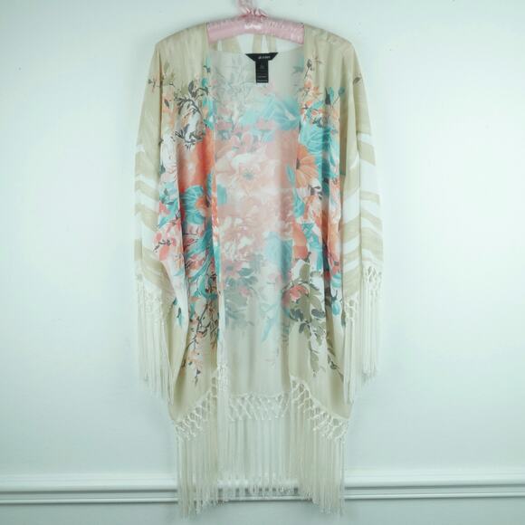 Ali Miles Tops - Ali Miles Large Kimono Topper Beach Cover Soft Floral Fringe Boho Etheral Artsy